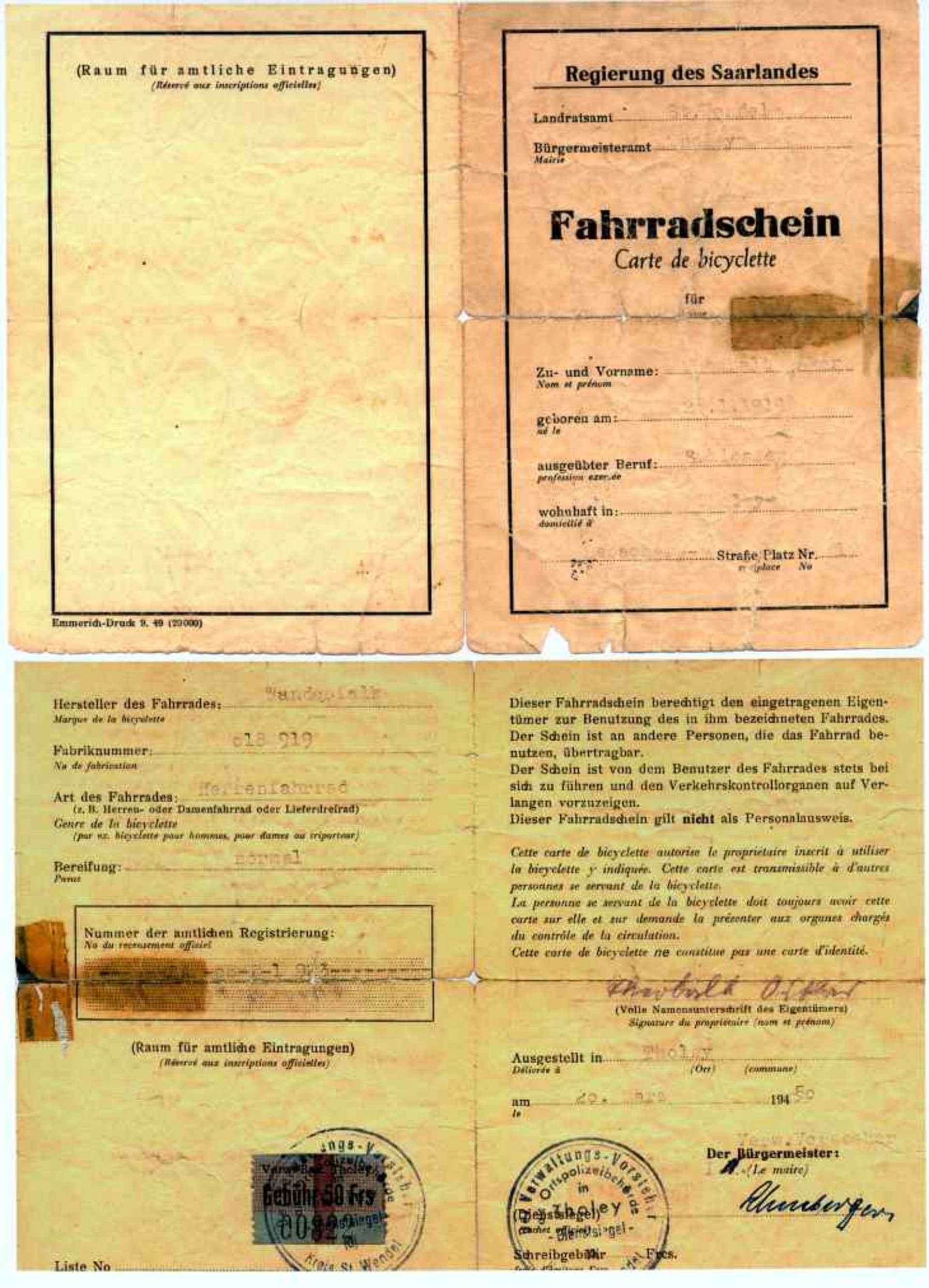 Fahrradschein - Carte de bicyclette pour hommes, 1950